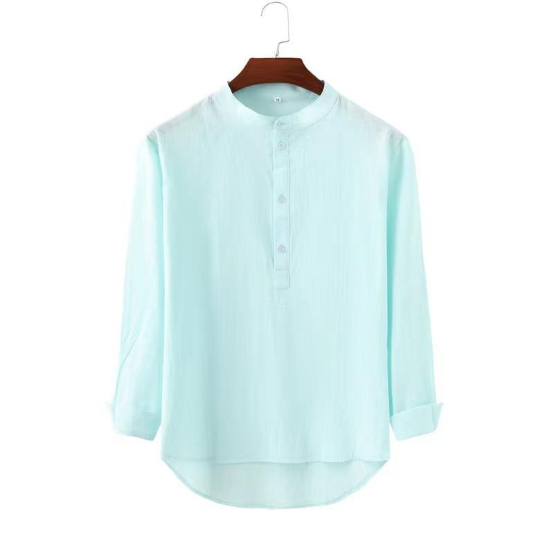 Men's Classic Casual Stand Collar Solid Color Bamboo Cotton and Linen Long Sleeve Shirt 19376731K