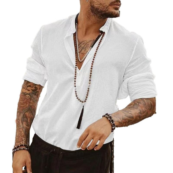 Men's Cotton Henley Shirt Stand Collar Long Sleeve Solid Color Shirt 22600878X