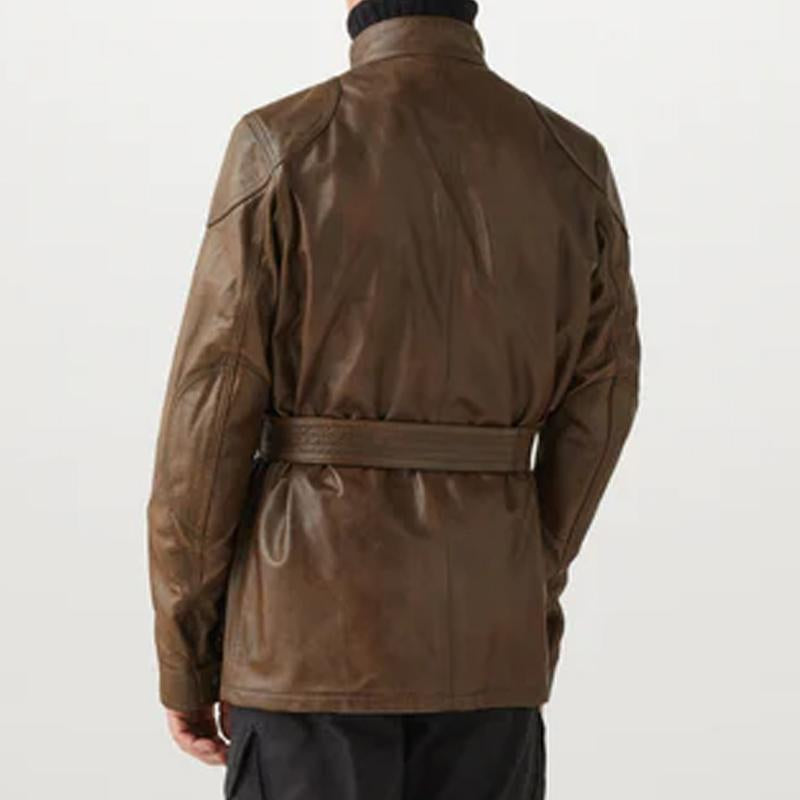 Men's Vintage Stand Collar Multi-Pocket Belt Zip Leather Safari Jacket 19094630M
