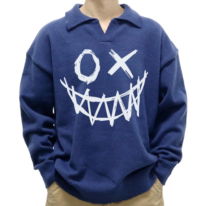 Men's Casual Polo Collar Funny Smiley Print Long Sleeve Pullover Sweater 07235725M