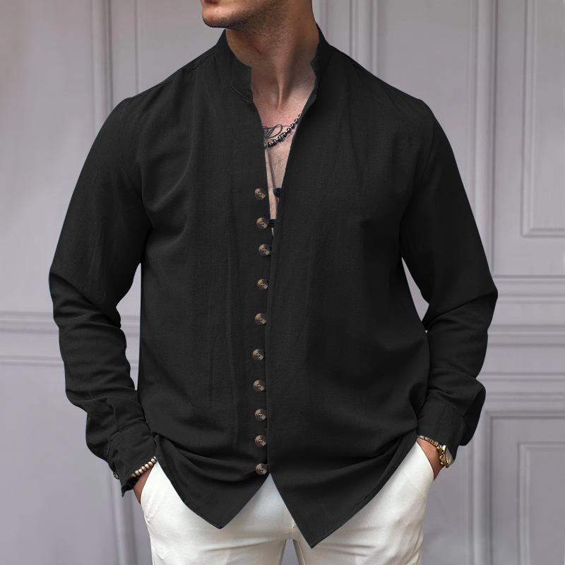Men's Casual Cotton Linen Button-down Stand Collar Loose Long-sleeved Shirt 05267262M