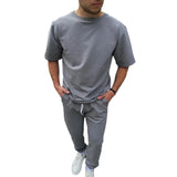 Men's Solid Color Sports Casual Short-Sleeved T-Shirt And Trousers Set 13773823Y