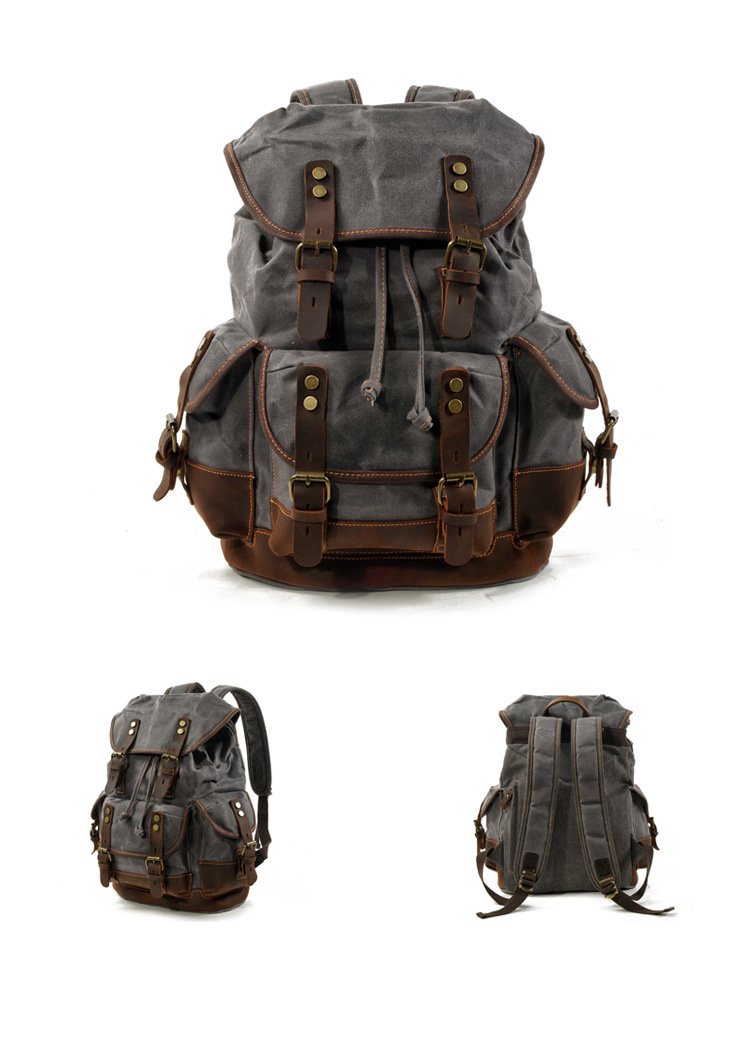 Mochila de lona vintage para hombre con múltiples bolsillos y costuras de cuero para exteriores 19083234Y