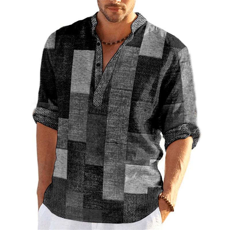 Men's Casual Loose Printed Cotton And Linen Stand Collar Long Sleeve Shirt 82174855K