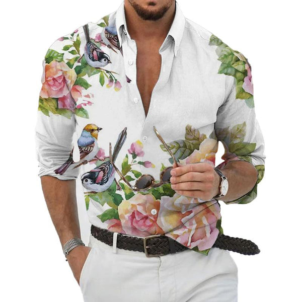 Men's Loose Flower Bird Lapel Long Sleeve Shirt 28350035X