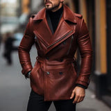 Men's Vintage Notched Lapel Double Breasted Belt Leather Coat 69214111M