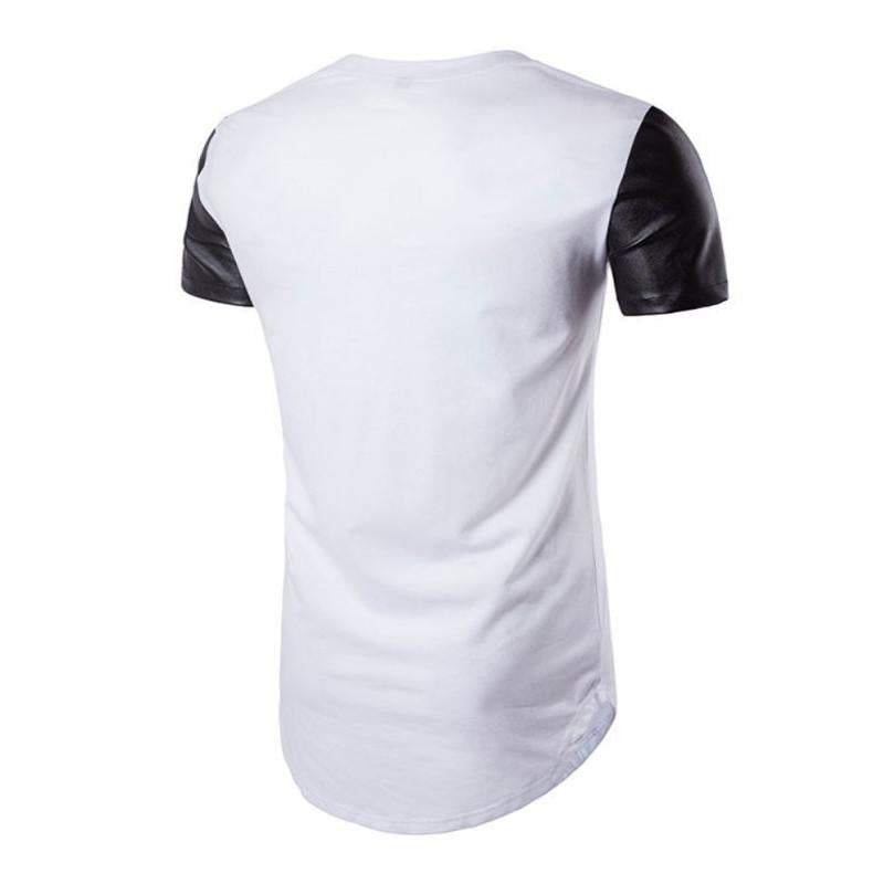 Men's Casual Leather Patchwork Round Neck Loose Short Sleeve T-Shirt 33868257M