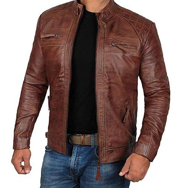 Men's Vintage Distressed Stand Collar Zip Motorcycle Leather Jacket 90149695M