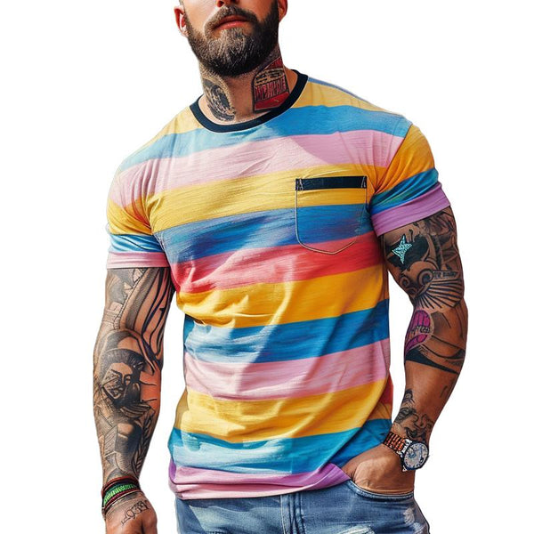 Men's Casual Rainbow Stripe Patch Pocket Round Neck Short Sleeve T-Shirt 00500302M