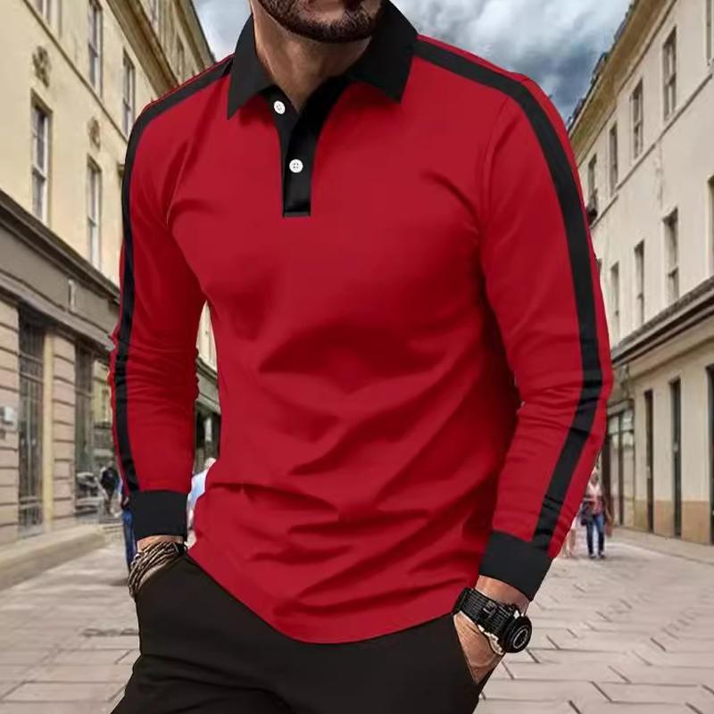 Men's Contrast Color Lapel Long Sleeve Polo Shirt 16654899X