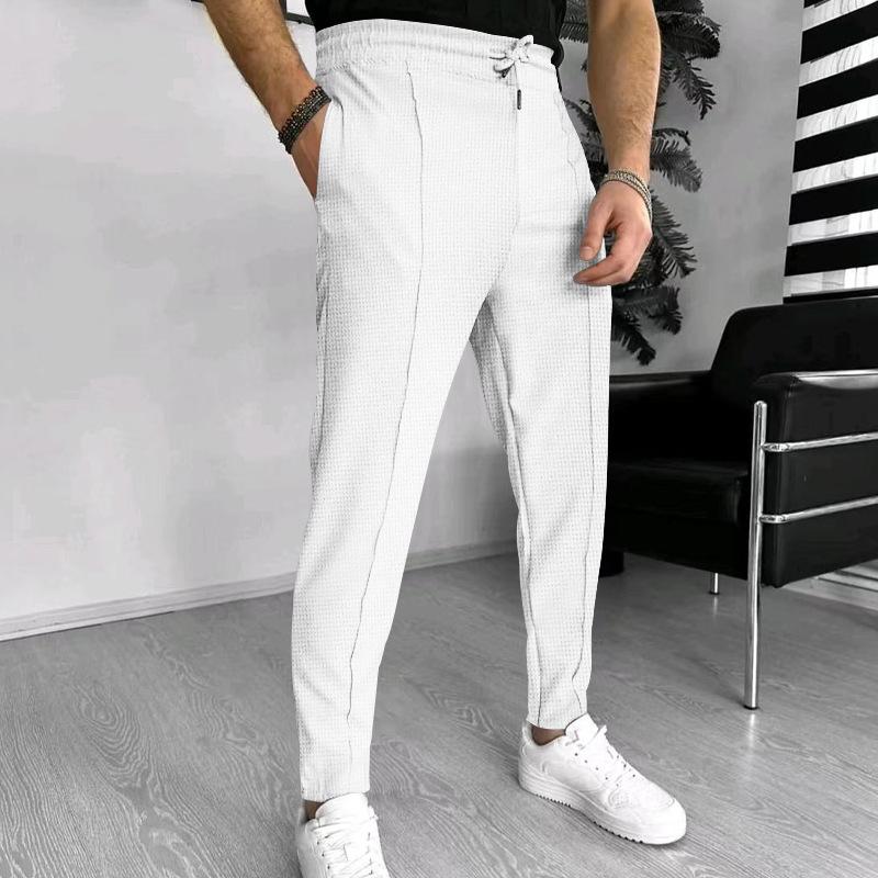 Men's Solid Waffle Elastic Waist Slim Casual Trousers 33746822Z