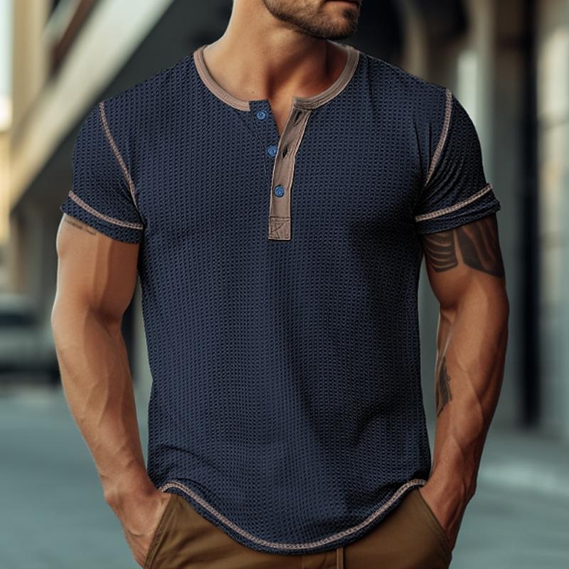 Men's Waffle Henley Collar Color Block Short Sleeves T-shirt 47068701Y