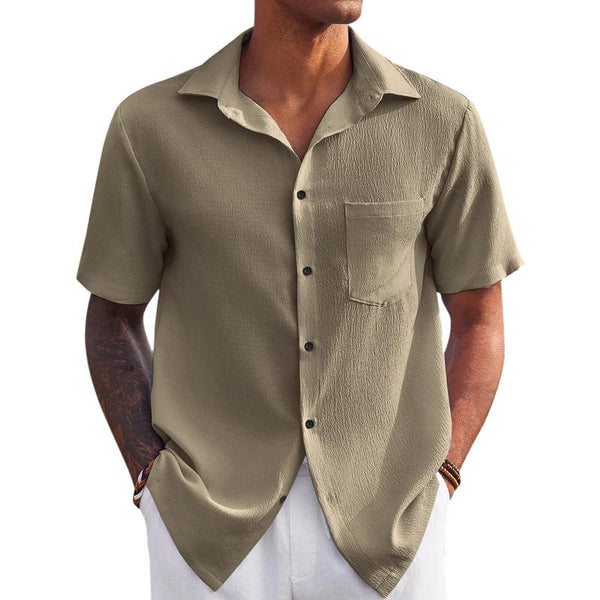 Men's Casual Cotton Linen Blend Pleated Lapel Short Sleeve Shirt 23937721M