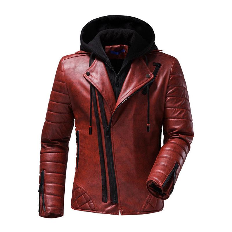 Men's Solid Color Quilted Cotton Removable Hat Leather Jacket 65740420Y