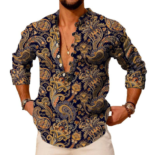 Men's Vintage Paisley Print Henley Collar Long Sleeve Shirt 76827343Y