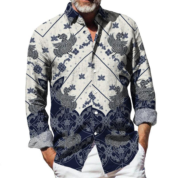 Men's Retro Ethnic Color Block Lapel Long Sleeve Shirt 95341851TO