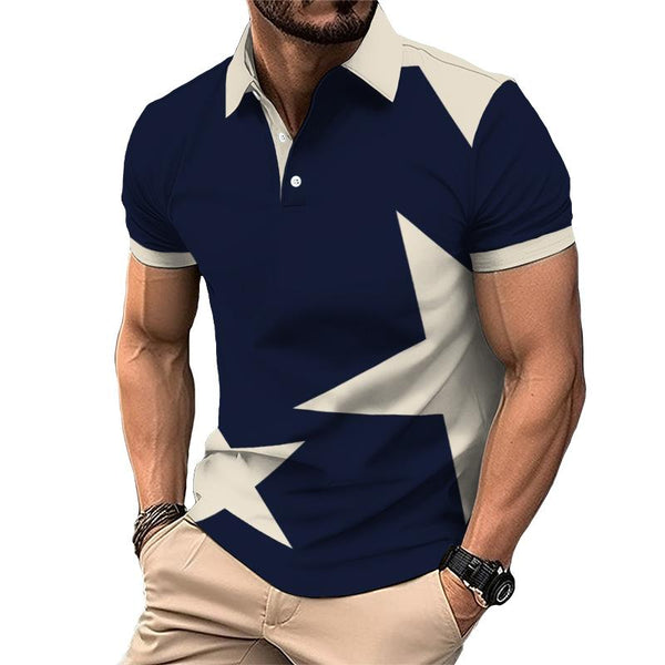Men's Casual Five-pointed Star Color-blocked Short-sleeved Polo Shirt 90005370TO