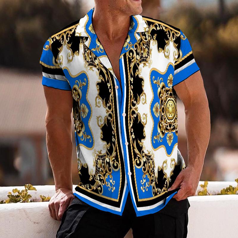 Men's Retro Color Block Palace Lapel Short Sleeve Shirt 86810305TO