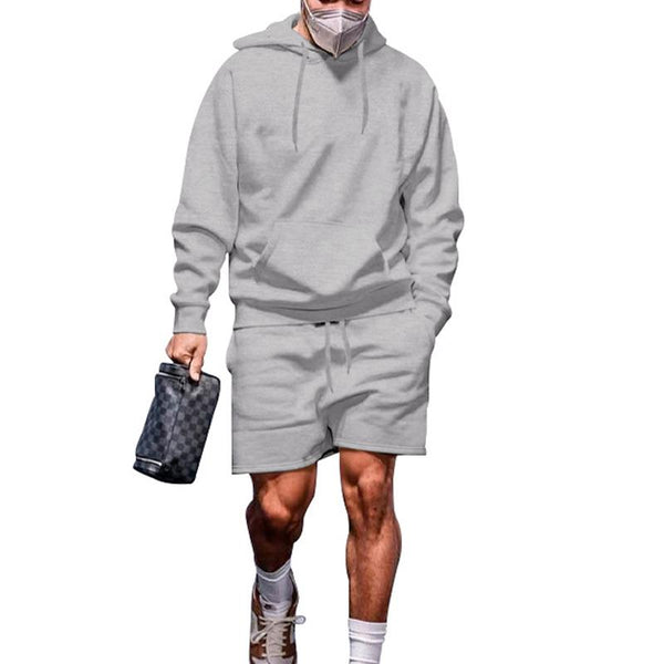 Men's Solid Color All-match Hooded Fleece Sweater Long-sleeved Shorts Two-piece Set 39839808X