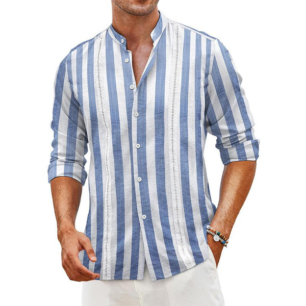 Men's Stand Collar Striped Patchwork Long Sleeve Shirt 53429878X
