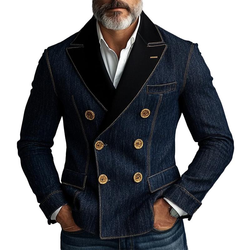 Men's Denim Patchwork Double Breasted Blazer 58735220X