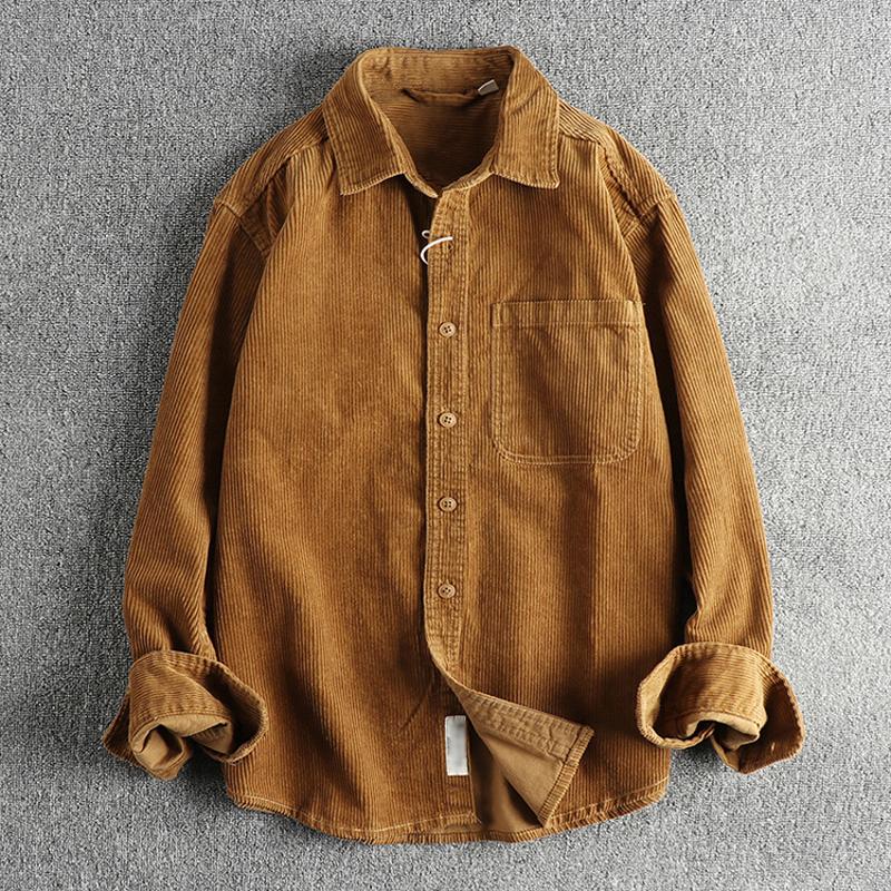Men's Casual Solid Color Corduroy Washed Long Sleeve Shirt 04626021Y