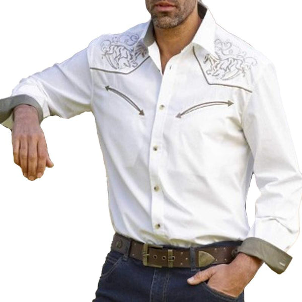 Men's Vintage Western Cowboy Lapel Long Sleeve Shirt 45997287Y