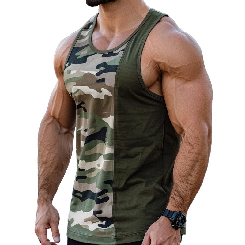 Camiseta sin mangas de cuello redondo, ajustada y con diseño de parches de camuflaje informal para hombre 31824364M