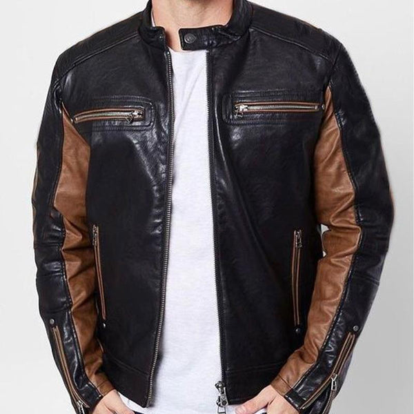 Men's Vintage Colorblock Zip-Up Leather Jacket 99075877U