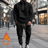 Men's Solid Color Casual Plush Warm Zipper Stand Collar Sweatshirt Sweatpants Set 08038864Y