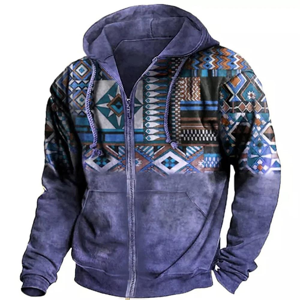 Sudadera con capucha y cremallera con estampado geométrico estilo étnico informal retro para hombre 60305028TO