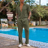 Men's Pleated Solid Color Short-Sleeved Shirt And Pants Set 93937465Y
