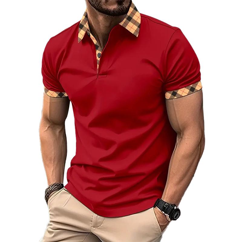 Men's Casual Lapel Plaid Pattern Slim Fit Short Sleeve Polo Shirt 22986614M