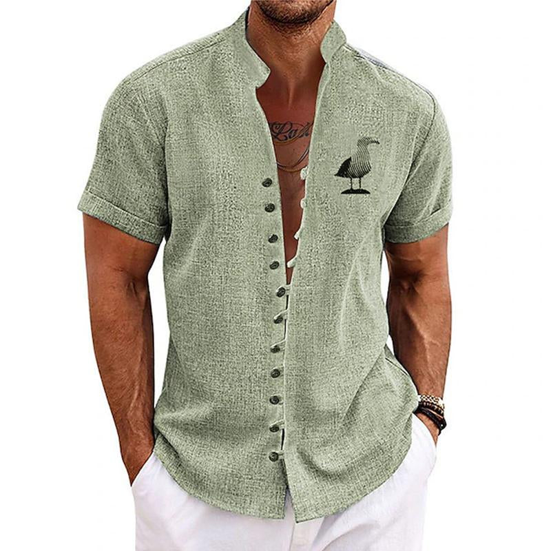 Men's Casual Stand Collar Linen Printed Short Sleeve Shirt 24995633M
