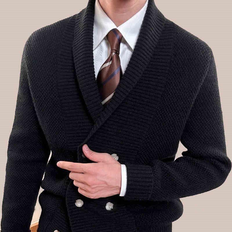 Men's Fashion Solid Color Knit Lapel Double Breasted Casual Cardigan 52300182Z