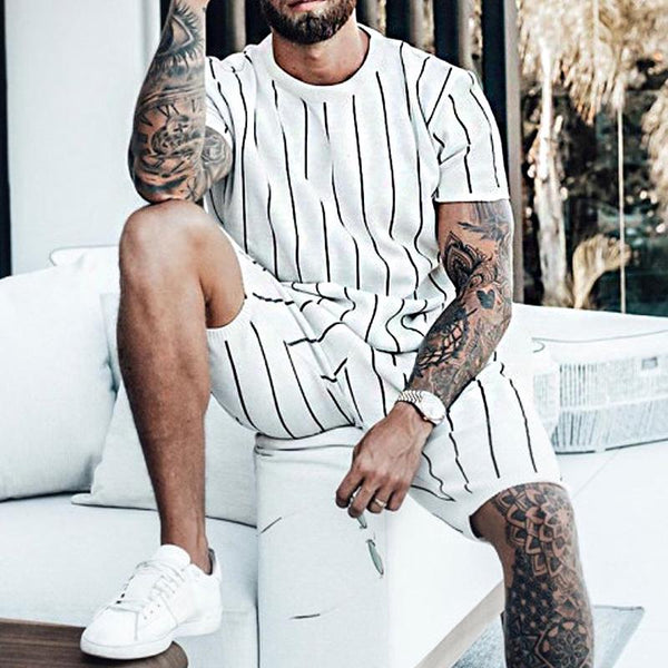 Men's Casual Striped Round Neck Short Sleeve Shorts Set 95927579Y