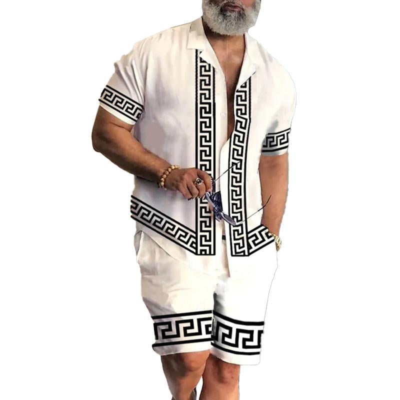 Men's Printed Casual Slim Fit Short Sleeve Shirt Set 89031733X