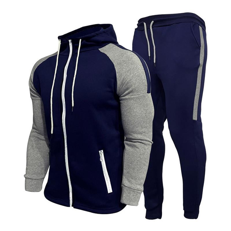 Men's Contrasting Color Zipper Hoodie Casual Sports Two-piece Set 35064246X
