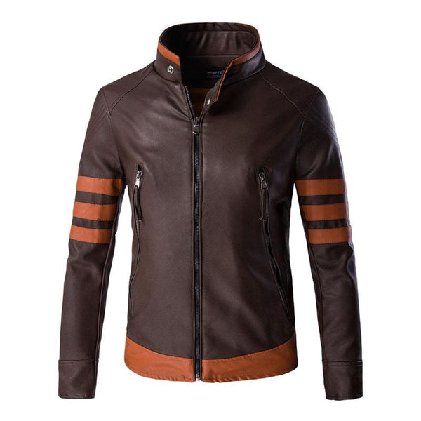 Men's Vintage Contrast Stand Collar Zipper Motorcycle Leather Jacket 44707249M