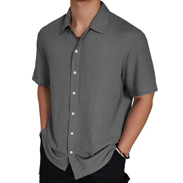 Men's Solid Color Pleated Lapel Short Sleeve Shirt 22401313Y