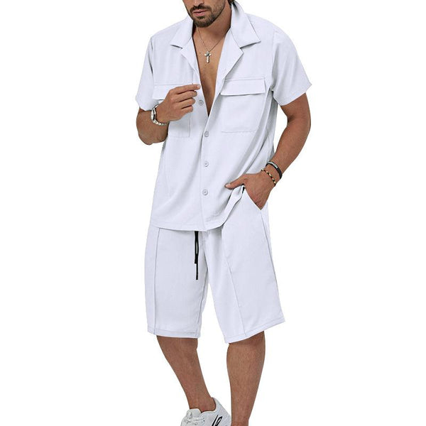 Men's Casual Lapel Flap Pocket Short Sleeve Shirt Shorts Set 88216772M