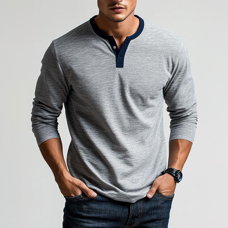 Men's Grey Colorblock Collar Simple Long-sleeved T-shirt 77305763U