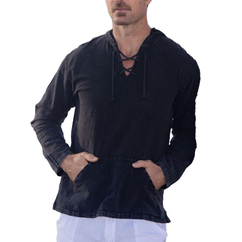 Men's Casual Solid Color Strappy Kangaroo Pocket Hooded Shirt 64953985Y