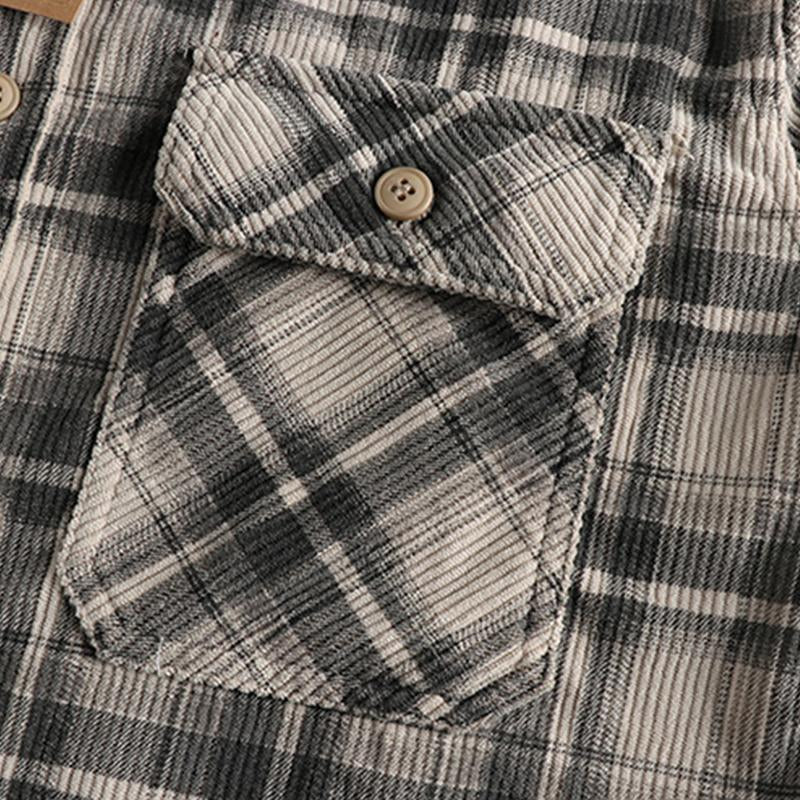 Men's Vintage Plaid Corduroy Lapel Slim Fit Long Sleeve Shirt 27053690M