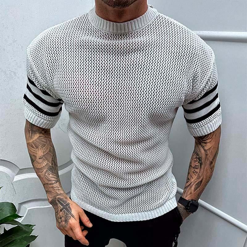 Men's Casual Round Neck Alphabet Jacquard Short Sleeve Knit Sweater 93069130M