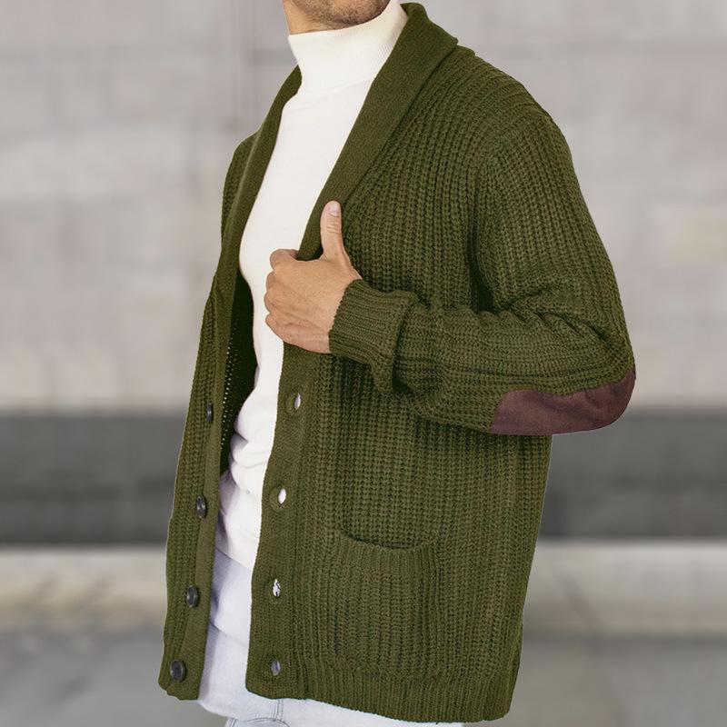 Men's Casual Suede Patchwork Lapel Long-Sleeved Knitted Cardigan 45333238M