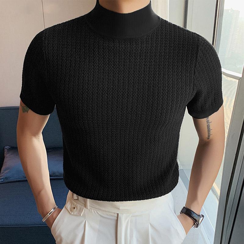 Men's Half Turtleneck Solid Color Tight Knitted Short-Sleeved T-Shirt 47280589Y