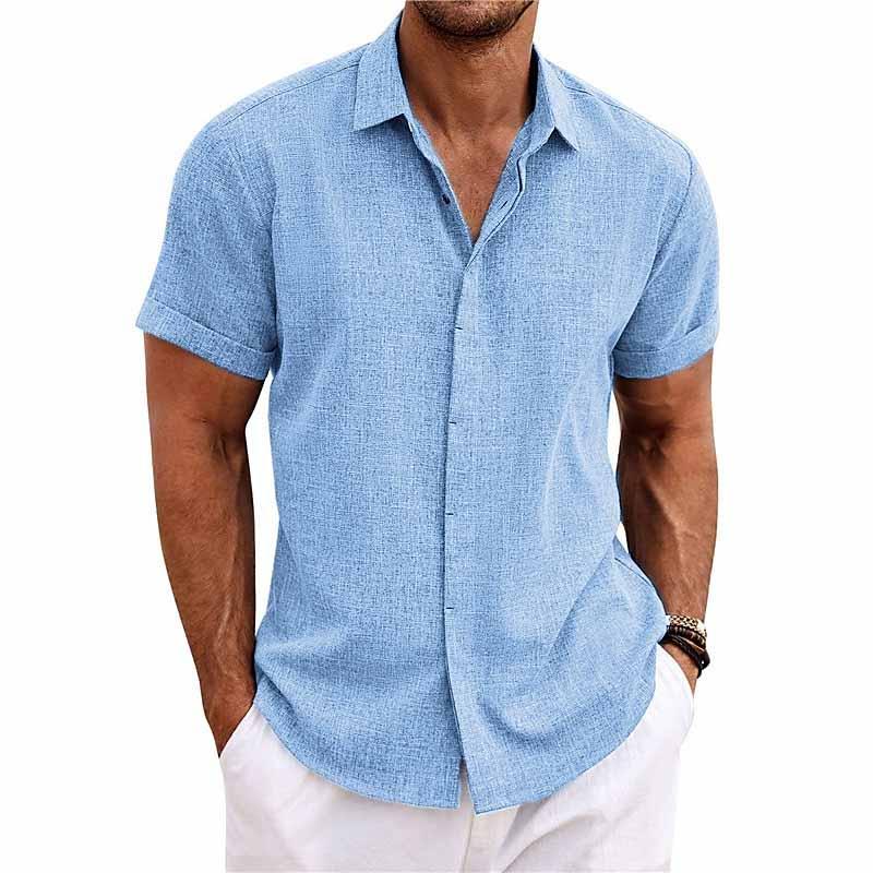 Camisa de lino y algodón con solapa de color liso para hombre, manga corta, 82339241X