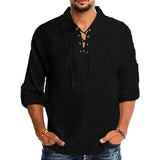 Men's Solid Cotton And Linen Lapel Lace-up Long Sleeve Shirt 32912493Z