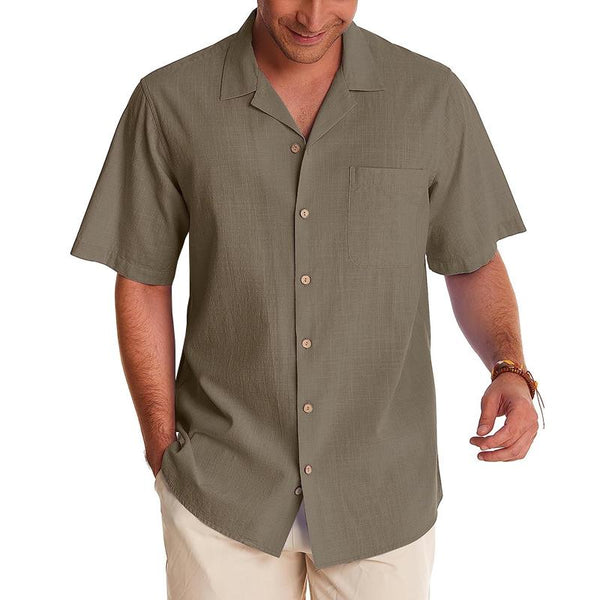 Men's Casual Cotton Linen Lapel Patch Pocket Short-Sleeved Shirt 47533747M
